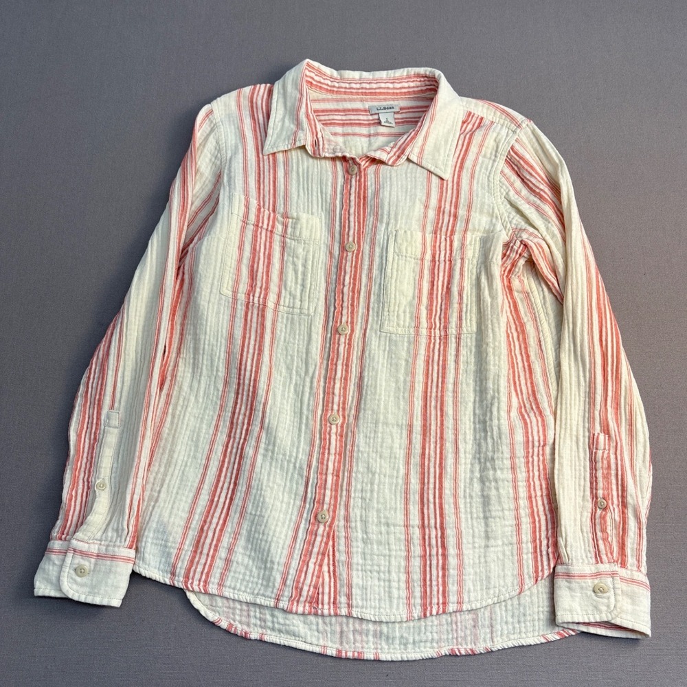LL Bean Women Small Double Gauze Cotton Button Down Shirt Orange Stripe 519259